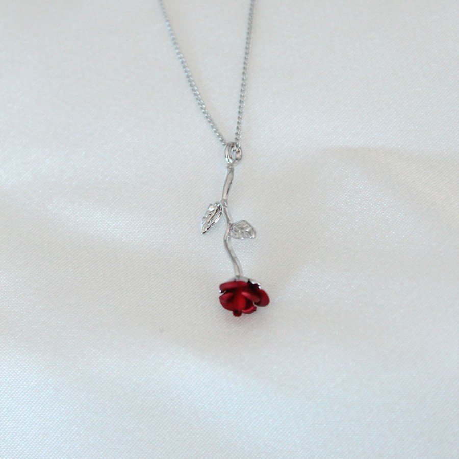 Silver Plated Red Rose Figured Women s Necklace