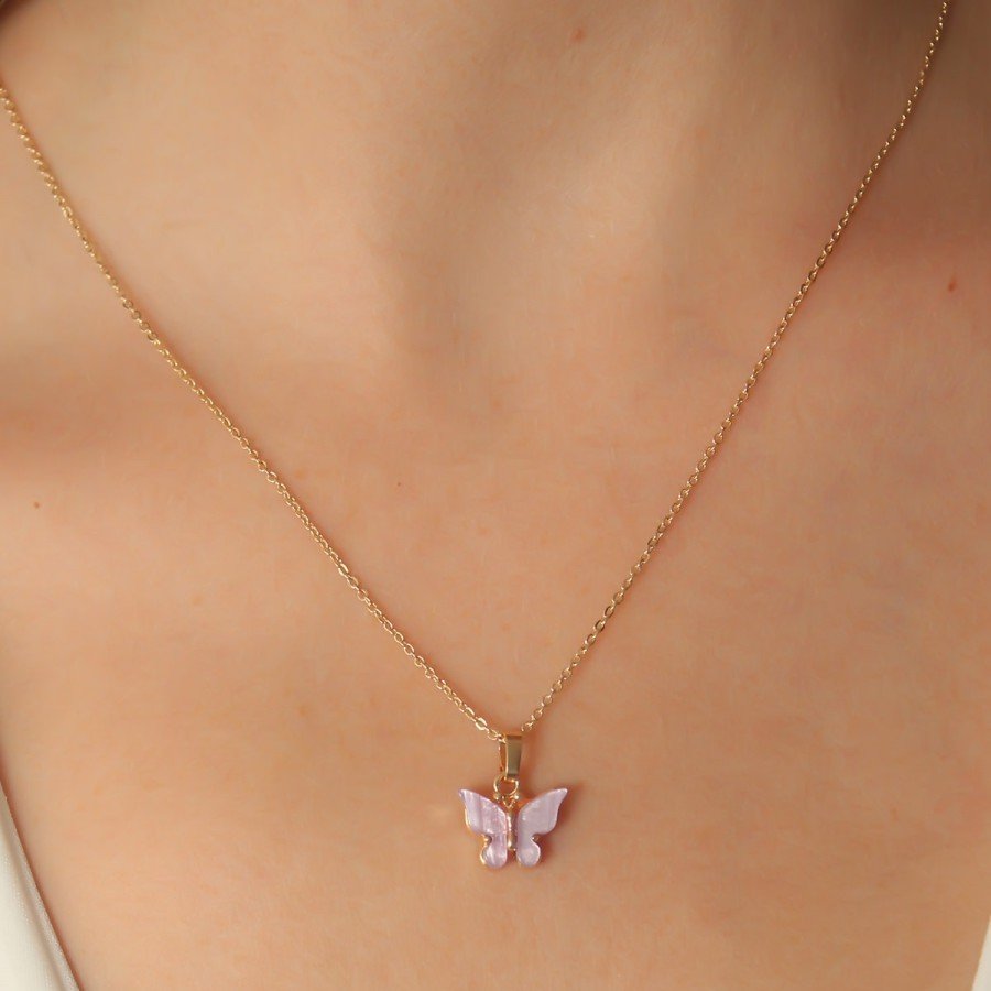 Gold Lilac Color Butterfly Figure Women s Necklace