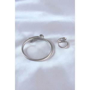 Steel Silver Color Tight Twist Model Men's Bracelet Ring Set