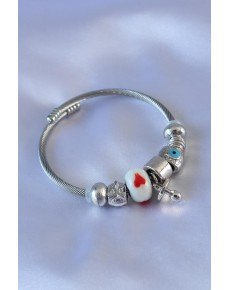 Charm Women's Bracelet with Heart and Evil Eye Bead Detail Charm Women's Bracelet with Heart and Evil Eye Bead Detail