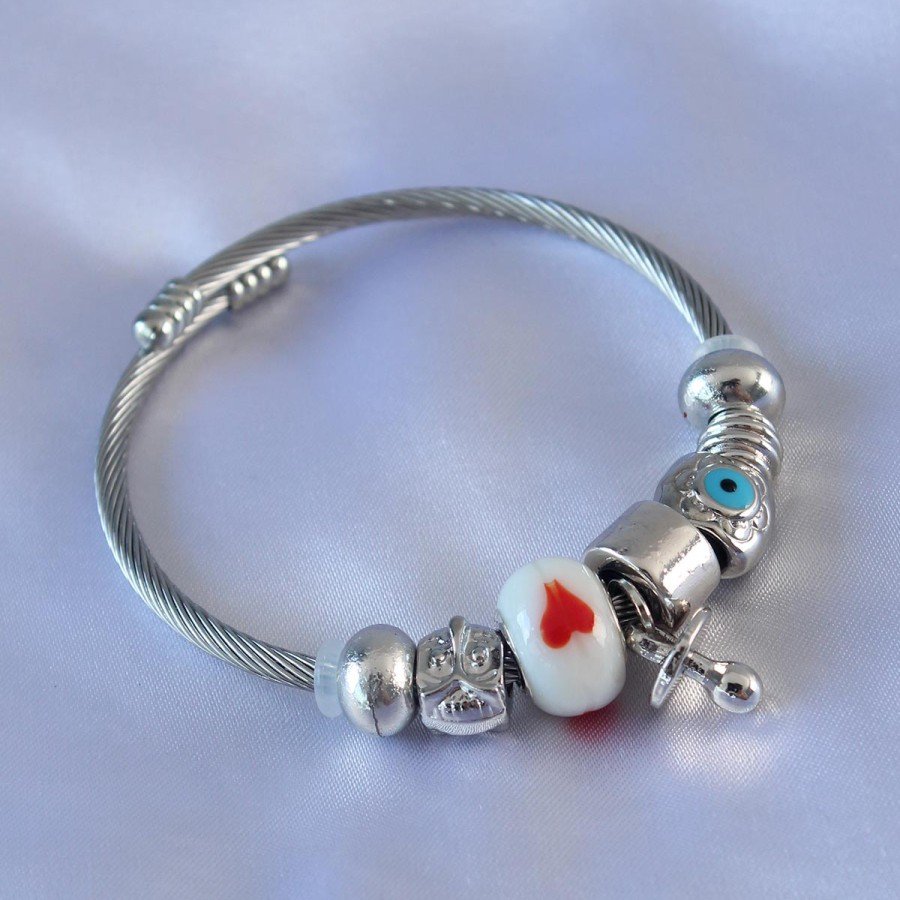 Charm Women s Bracelet with Heart and Evil Eye Bead Detail