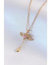 316L Steel Gold Color Winged Heart Model Zircon Stone Detail Women's Necklace
