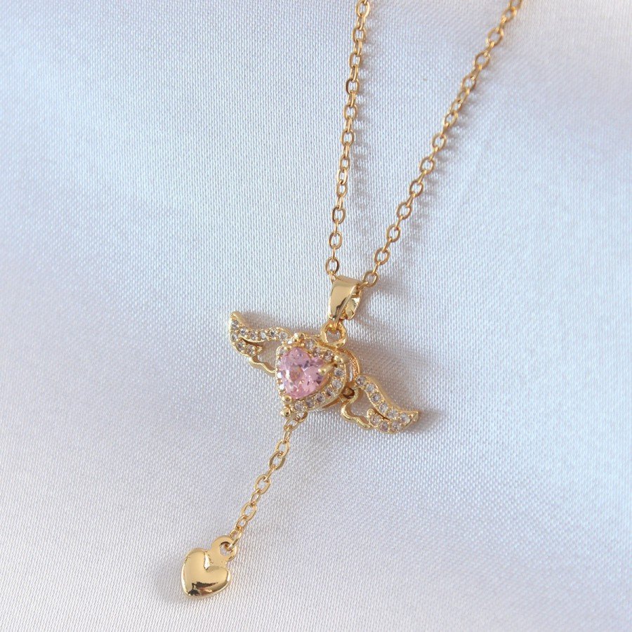 316L Steel Gold Color Winged Heart Model Zircon Stone Detail Women s Necklace