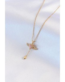 316L Steel Gold Color Winged Heart Model Zircon Stone Detail Women's Necklace