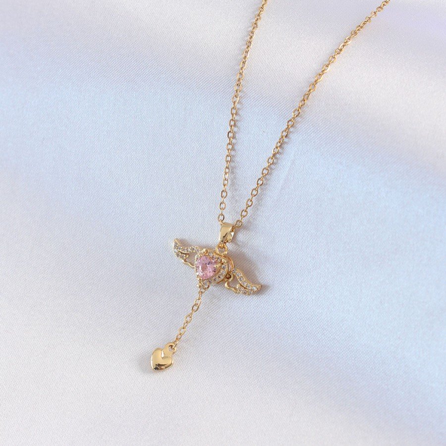 316L Steel Gold Color Winged Heart Model Zircon Stone Detail Women s Necklace