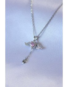 316L Steel Silver Color Winged Heart Figure Zircon Stone Detail Women's Necklace