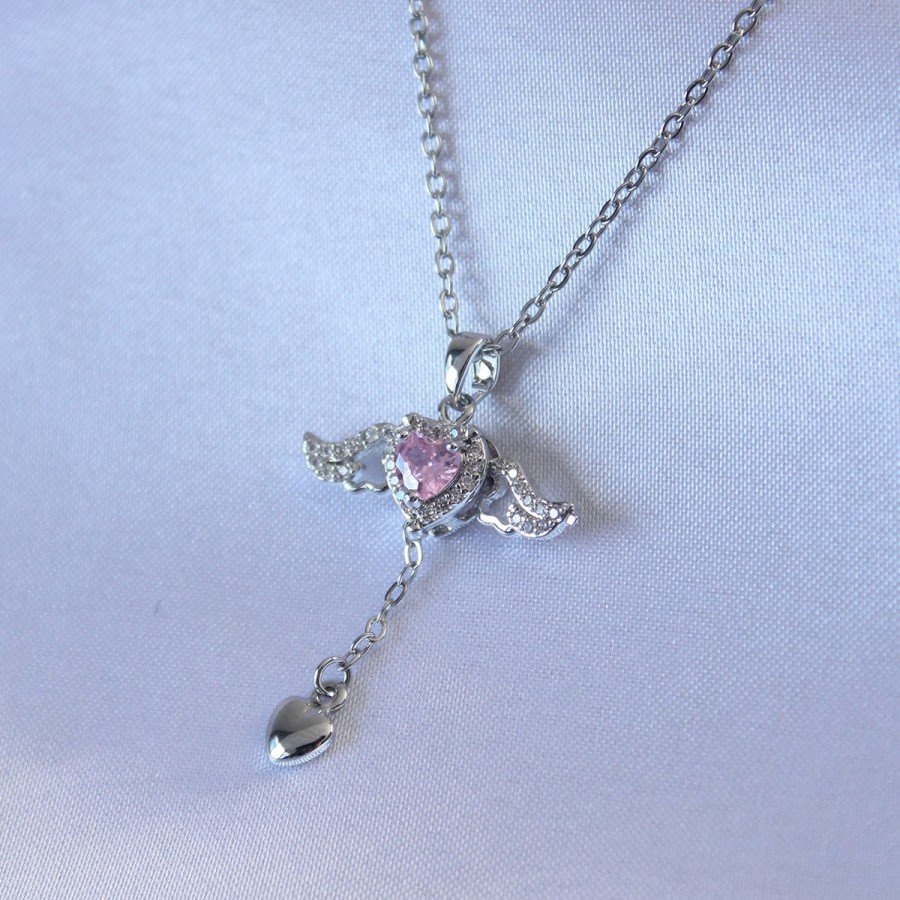 316L Steel Silver Color Winged Heart Figure Zircon Stone Detail Women s Necklace