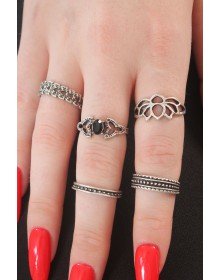 Silver Color Lotus Model Black Crystal Stone Detail Women's Ring Combination