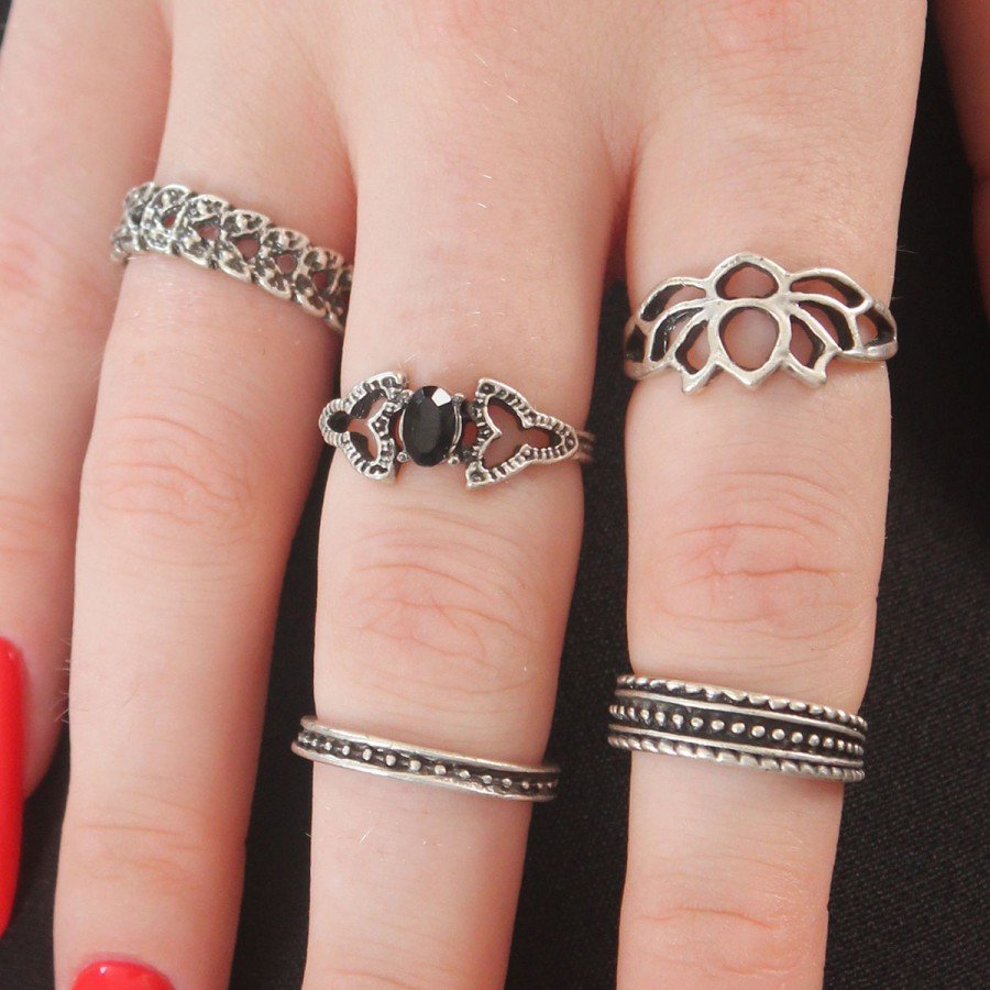 Silver Color Lotus Model Black Crystal Stone Detail Women s Ring Combination