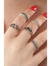 Silver Color Lotus Model Black Crystal Stone Detail Women's Ring Combination