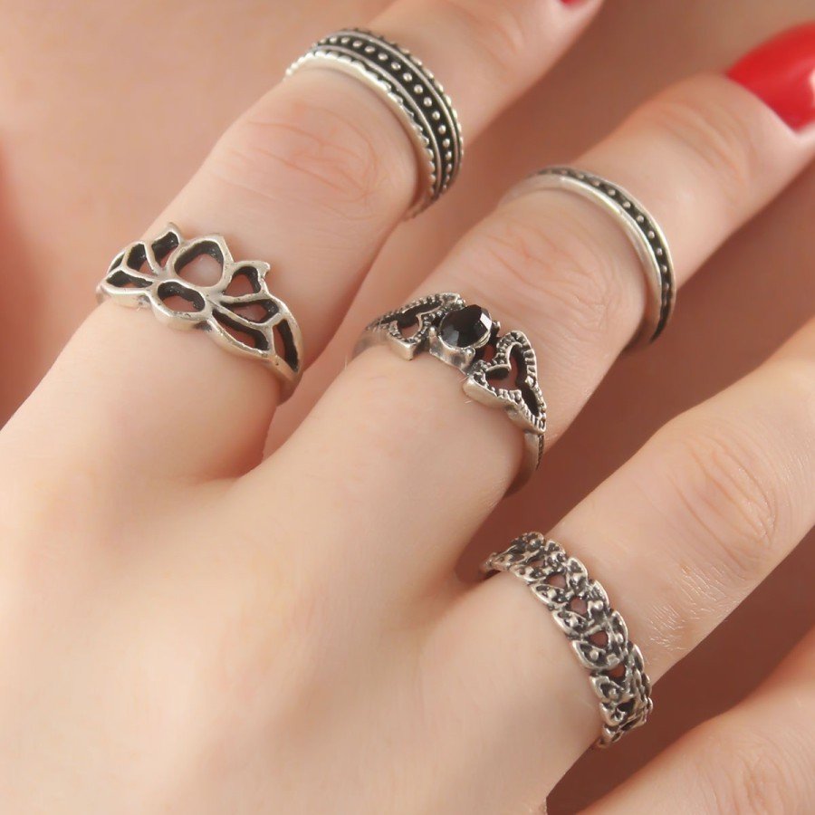 Silver Color Lotus Model Black Crystal Stone Detail Women s Ring Combination