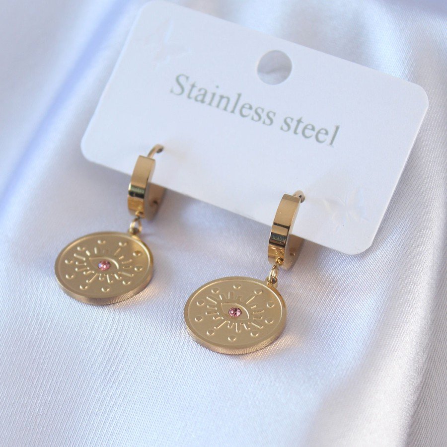 316L Steel Gold Color Eye Processed Zircon Stone Detail Women s Earrings