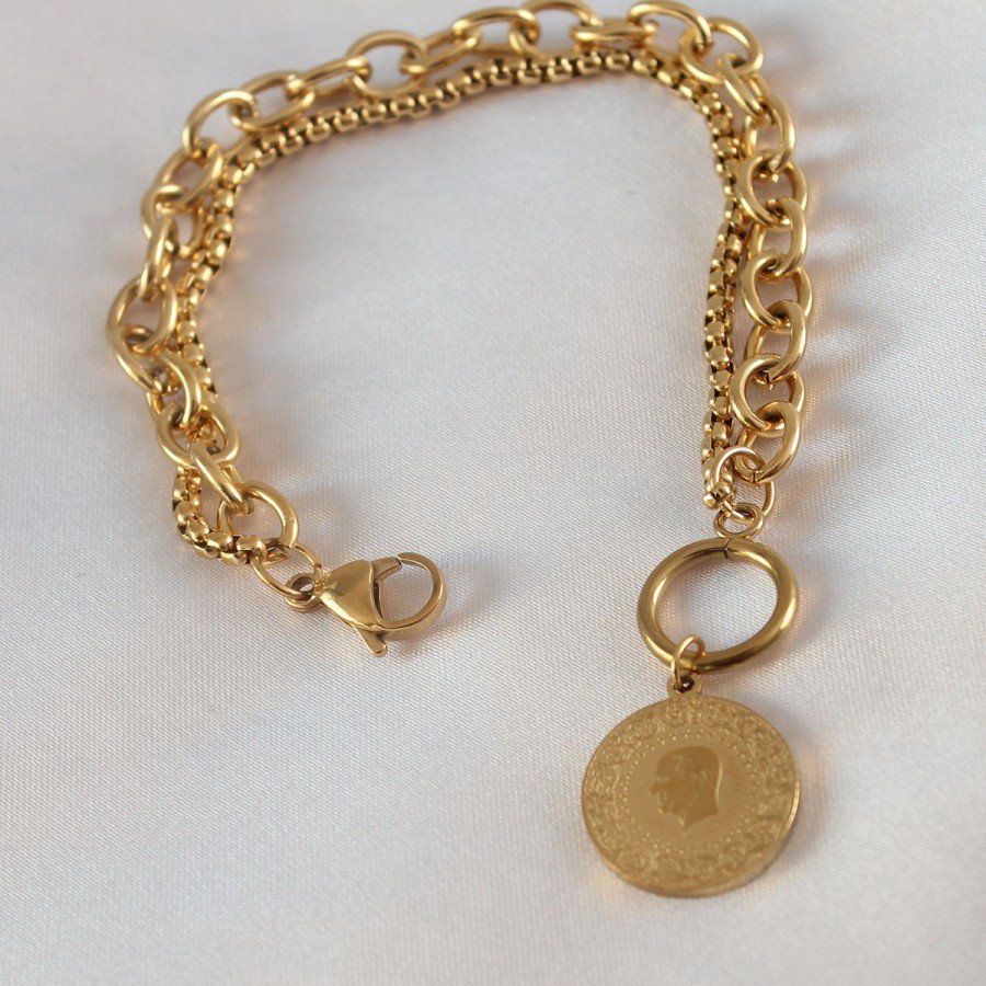316L Steel Gold Color 2-Piece Chain Model Quarter Gold Women s Bracelet