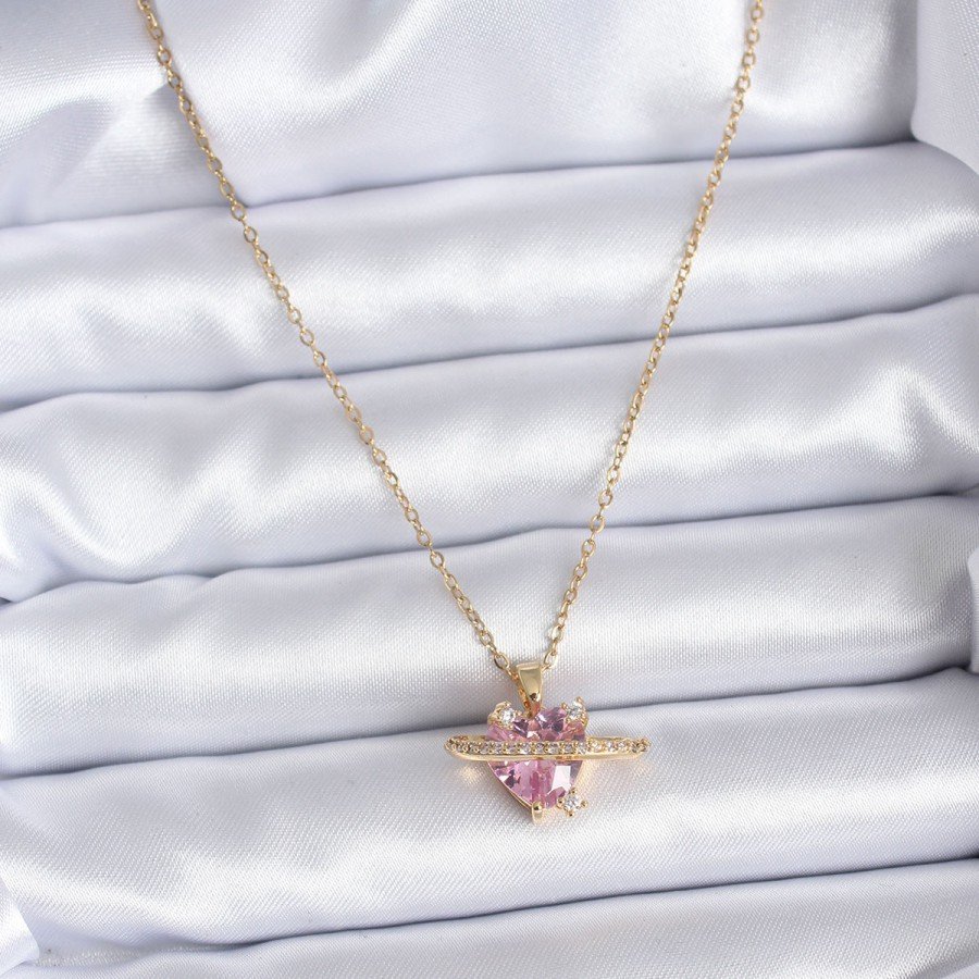 316L Steel Gold Color Chain Pink Crystal Heart Model Zircon Stone Detail Women s Necklace