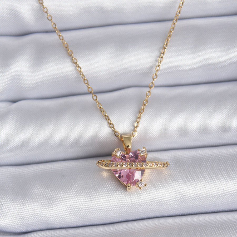 316L Steel Gold Color Chain Pink Crystal Heart Model Zircon Stone Detail Women s Necklace