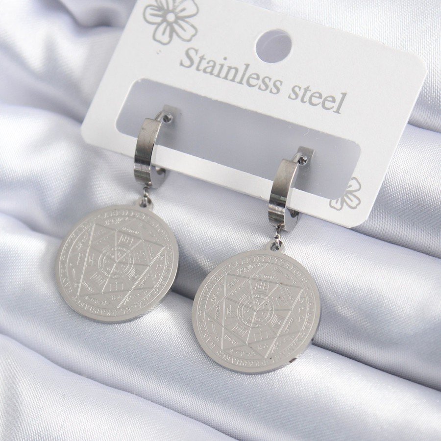 316L Steel Silver Color Pentagram Engraving Model Women s Earrings