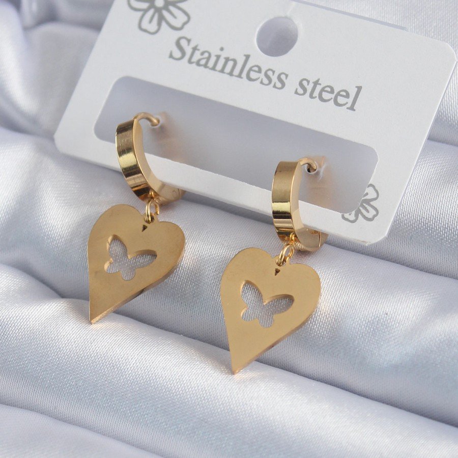 316L Steel Gold Color Heart Model Butterfly Engraved Women s Earrings