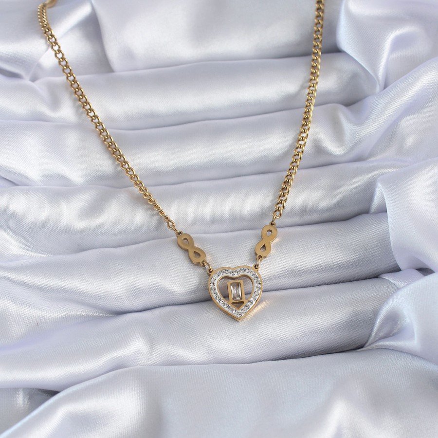 316L Steel Gold Color Zircon Stone Heart Model Infinity Detail Women s Necklace 316L Steel Gold Color Zircon Stone Heart Model Infinity Detail Women s Necklace