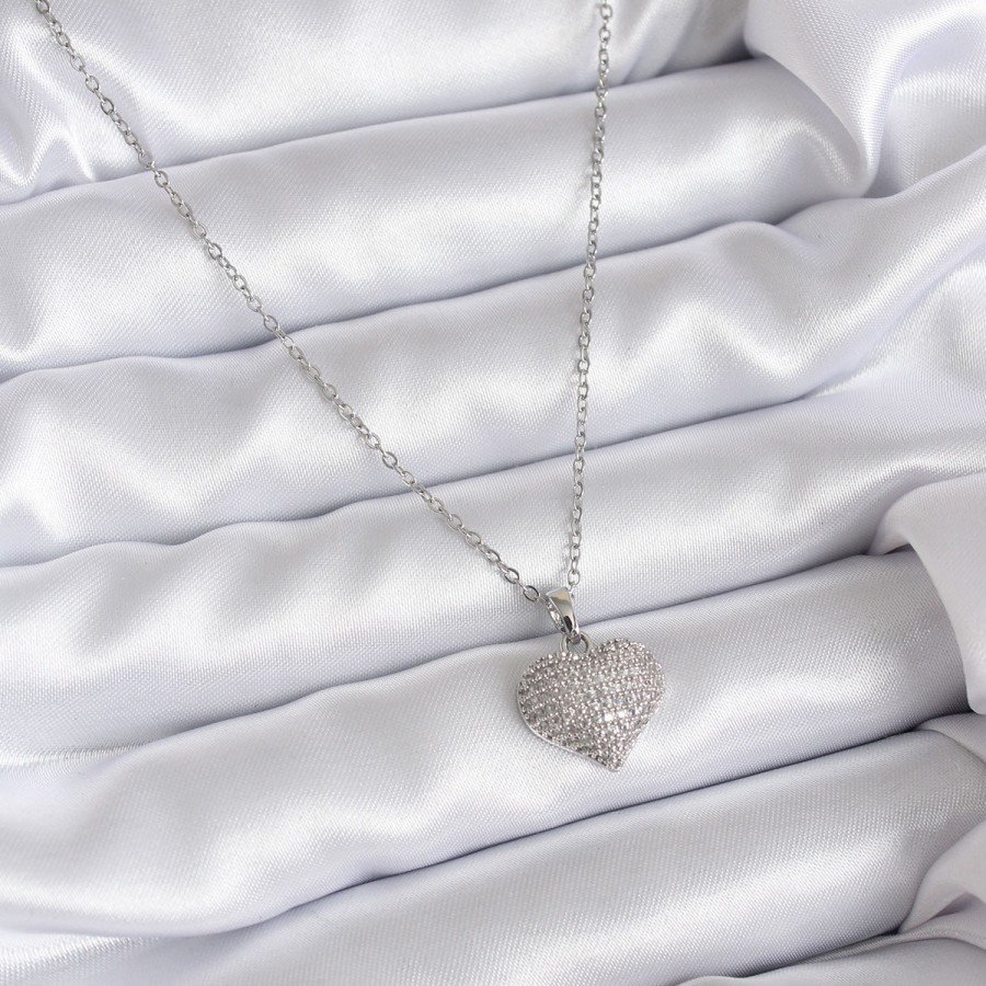 316L Steel Chain Silver Color Zircon Stone Detail Heart Model Women s Necklace