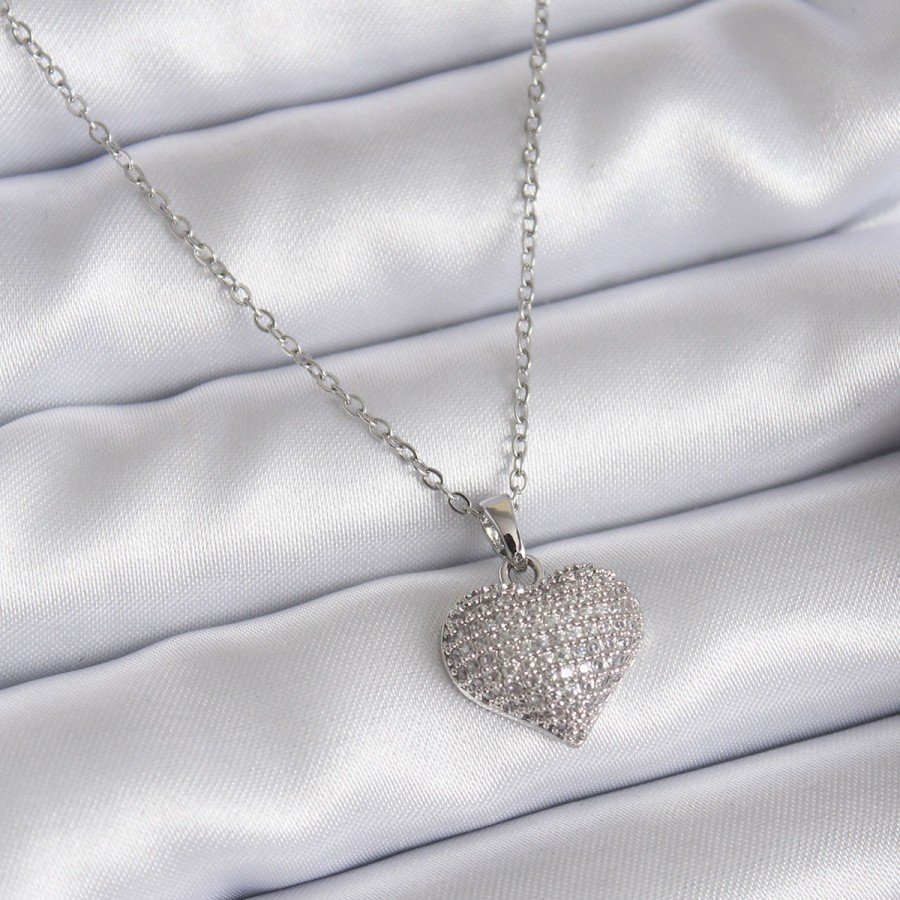 316L Steel Chain Silver Color Zircon Stone Detail Heart Model Women s Necklace