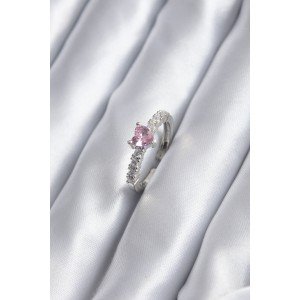 Silver Color Zircon Stone Pink Crystal Heart Model Women's Ring