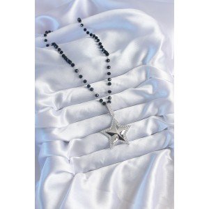Silver Color Black Bead Zircon Stone Brass Star Model VIP Series Women's Necklace