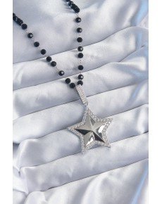 Silver Color Black Bead Zircon Stone Brass Star Model VIP Series Women's Necklace