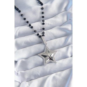 Silver Color Black Bead Zircon Stone Brass Star Model VIP Series Women's Necklace