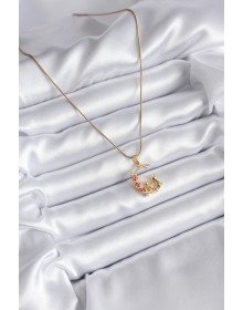 316L Steel Gold Color Crescent Cat Model Zircon Stone Detailed Women's Necklace