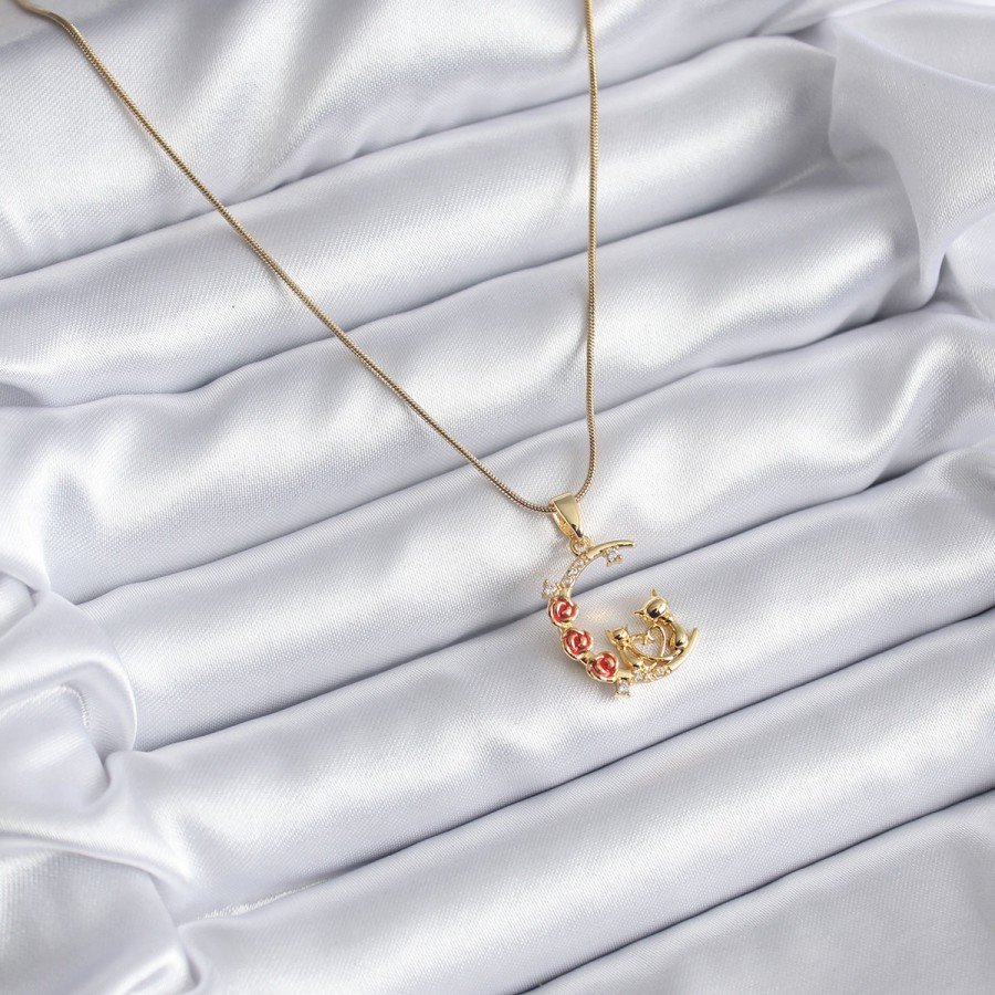 316L Steel Gold Color Crescent Cat Model Zircon Stone Detailed Women s Necklace