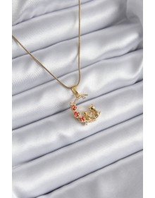 316L Steel Gold Color Crescent Cat Model Zircon Stone Detailed Women's Necklace