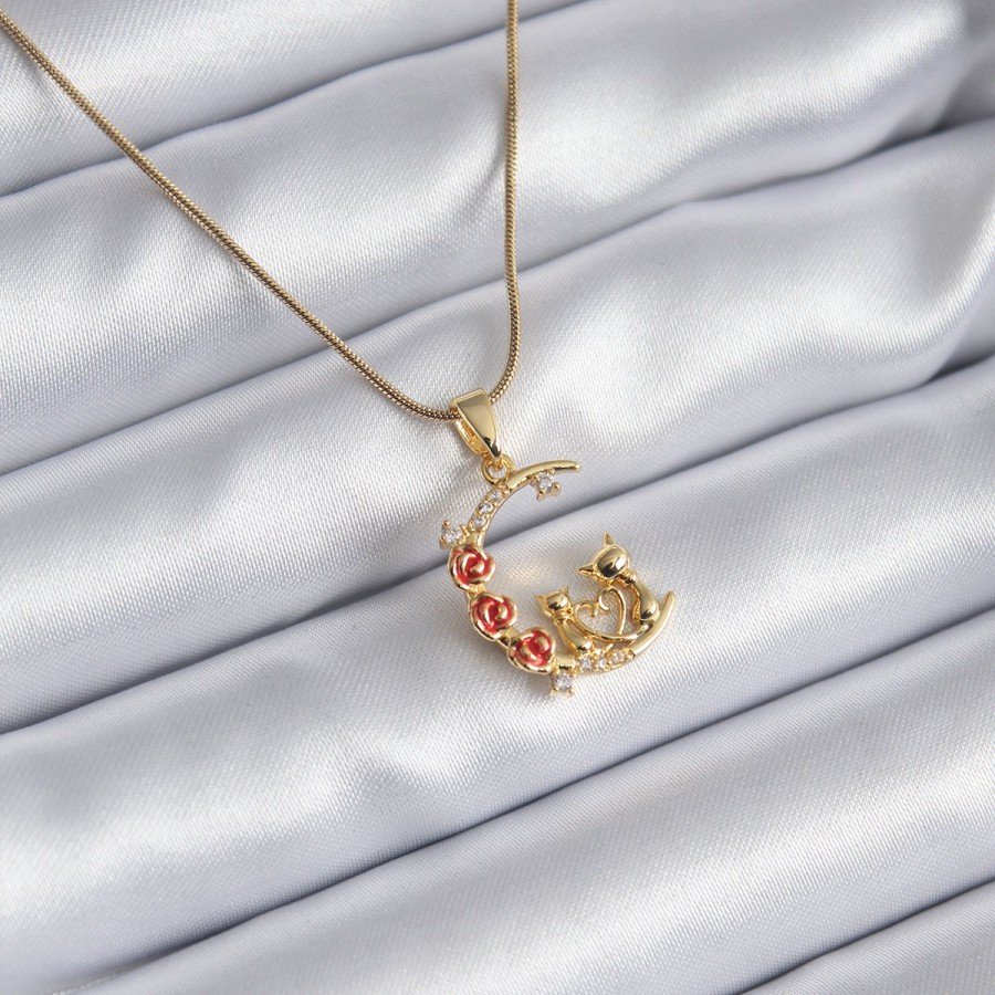 316L Steel Gold Color Crescent Cat Model Zircon Stone Detailed Women s Necklace