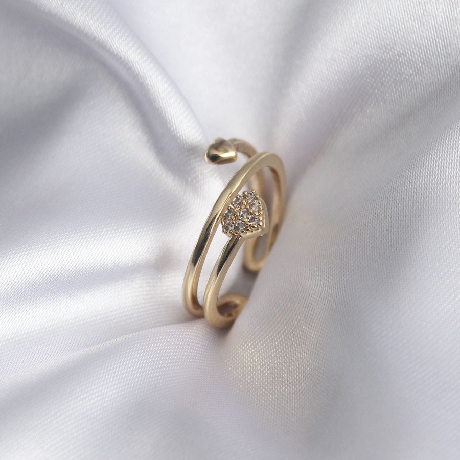 Brass Gold Color Zircon Stone Detail Heart Model Women s Ring