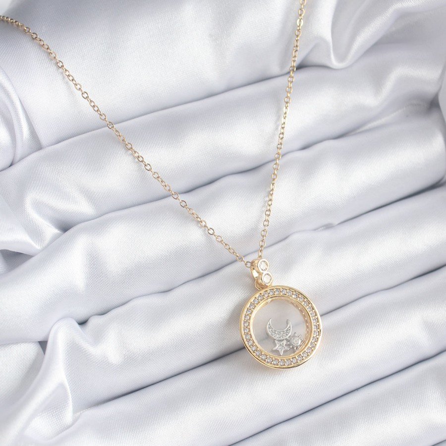 316L Steel Gold Color Zircon Stone Detail Moon Star Dome Model Women s Necklace