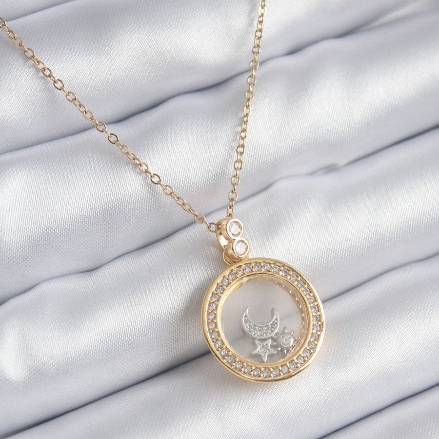 316L Steel Gold Color Zircon Stone Detail Moon Star Dome Model Women s Necklace