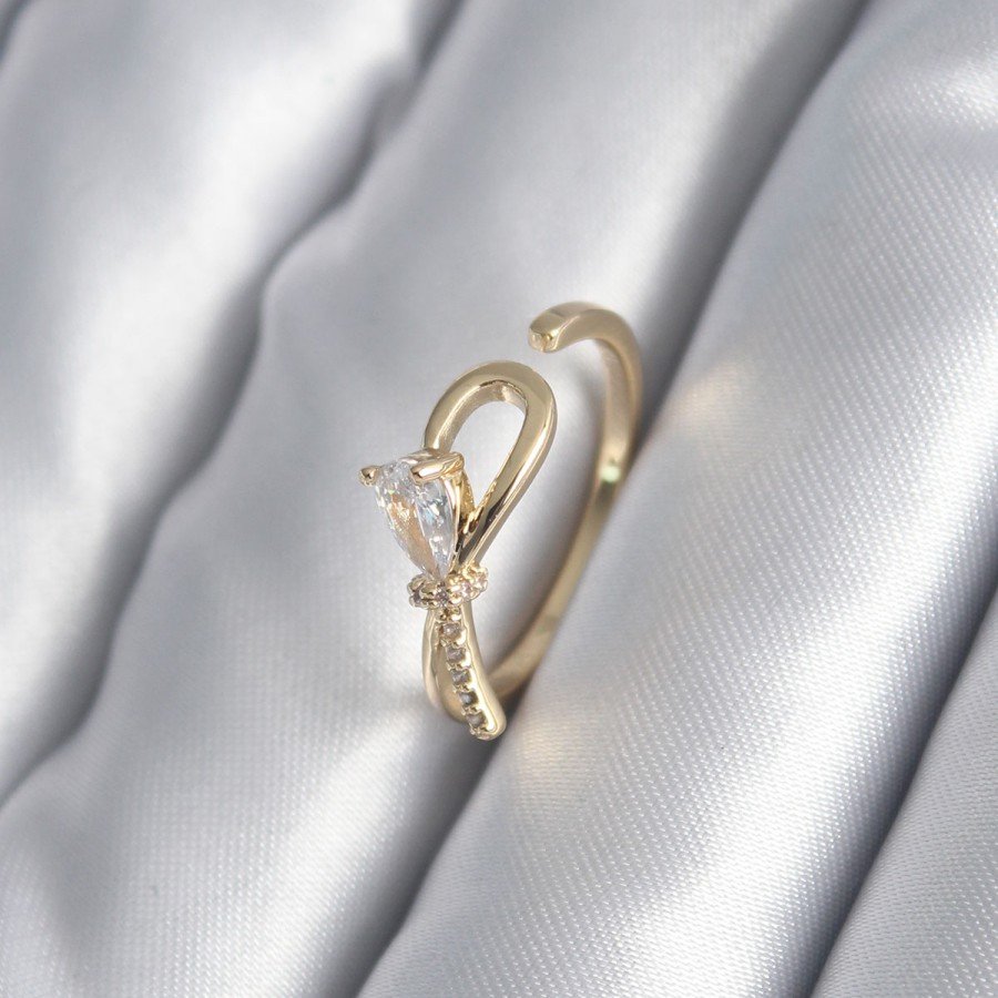 Brass Gold Color Zircon Stone Detail Ribbon Model Women s Ring Brass Gold Color Zircon Stone Detail Ribbon Model Women s Ring