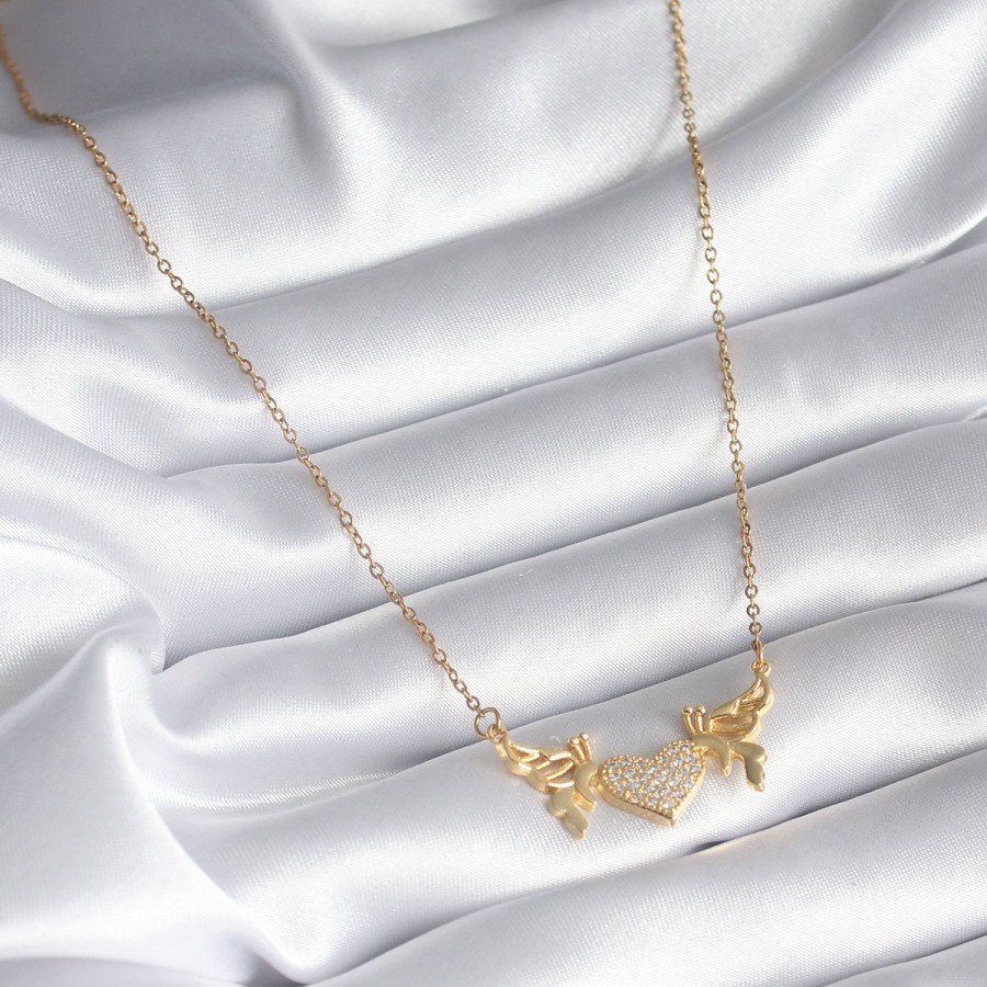316L Steel Gold Color Zircon Stone Winged Heart Model Women s Necklace