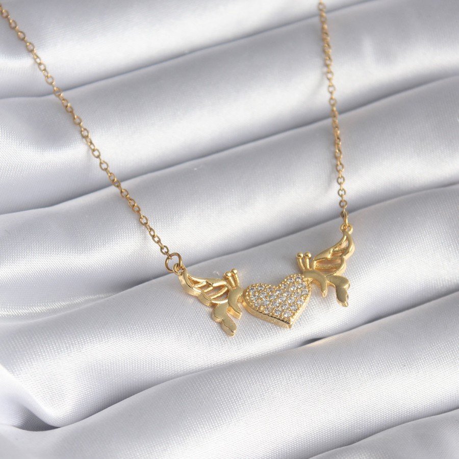 316L Steel Gold Color Zircon Stone Winged Heart Model Women s Necklace