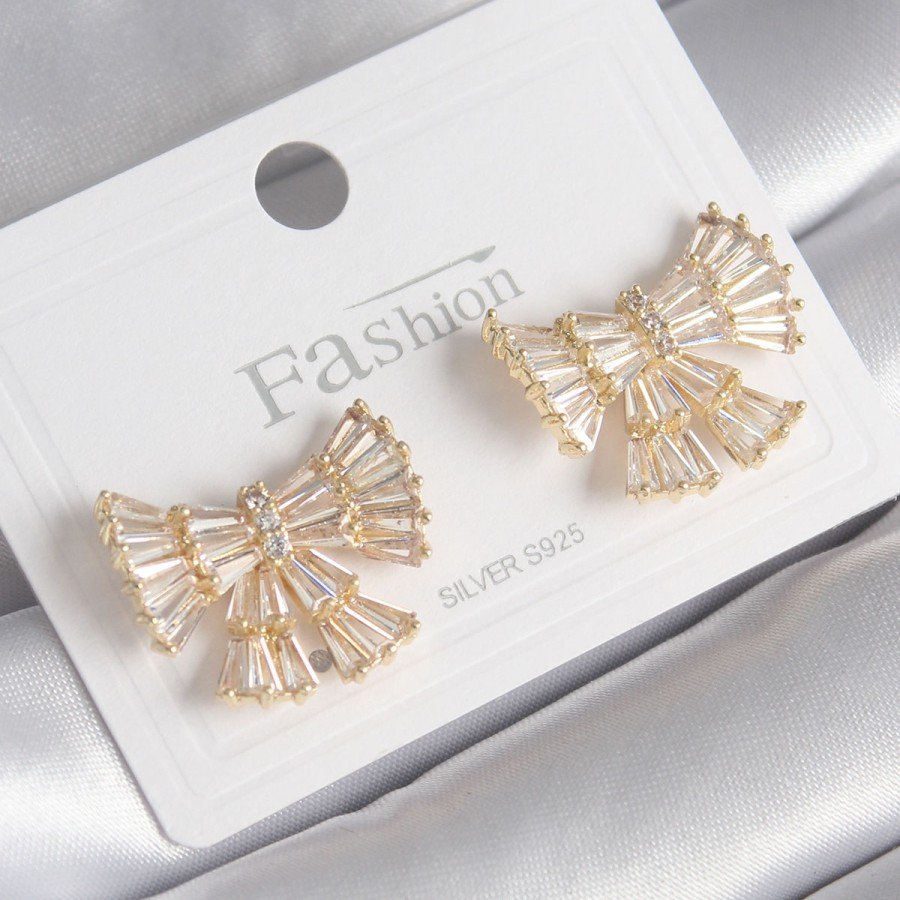 Brass Gold Color Zircon Stone Ribbon Model Women s Earrings