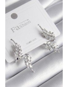 Brass Silver Color Zircon Stone Leaf Model Women's Earrings