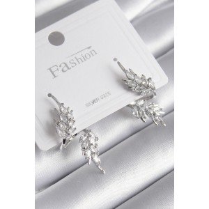 Brass Silver Color Zircon Stone Leaf Model Women's Earrings