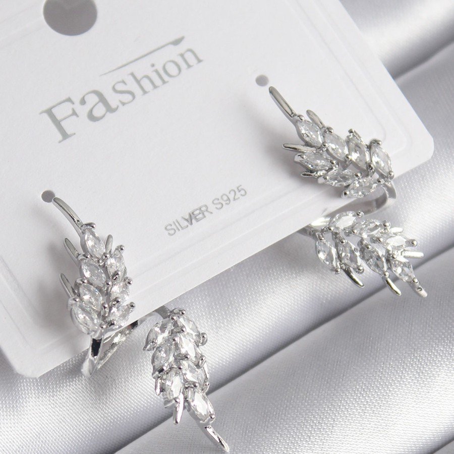 Brass Silver Color Zircon Stone Leaf Model Women s Earrings