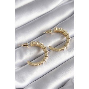 Brass Gold Color Zircon Stone Hoop Model Women's Earrings Brass Gold Color Zircon Stone Hoop Model Women's Earrings