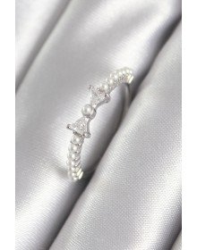 Brass Silver Color Zircon Stone Ribbon Model Pearl Detail Women's Ring