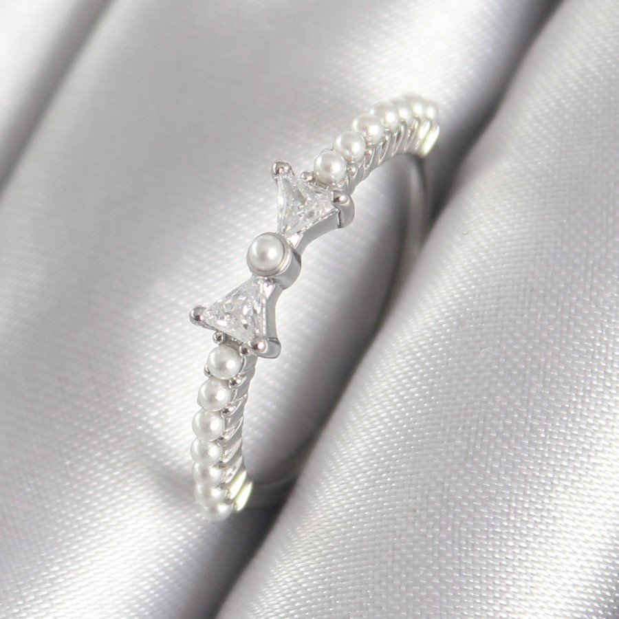 Brass Silver Color Zircon Stone Ribbon Model Pearl Detail Women s Ring