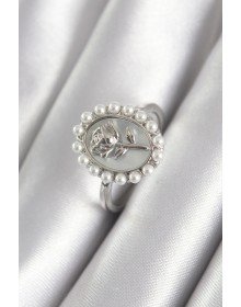 Brass Silver Color Portrait Rose Model Pearl Detail Women's Ring
