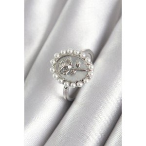 Brass Silver Color Portrait Rose Model Pearl Detail Women's Ring Brass Silver Color Portrait Rose Model Pearl Detail Women's Ring