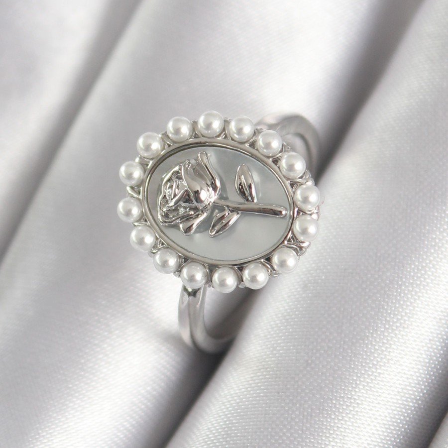 Brass Silver Color Portrait Rose Model Pearl Detail Women s Ring