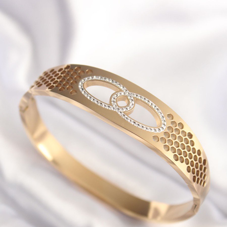 316L Steel Gold Color Zircon Stone Women s Handcuff Bracelet