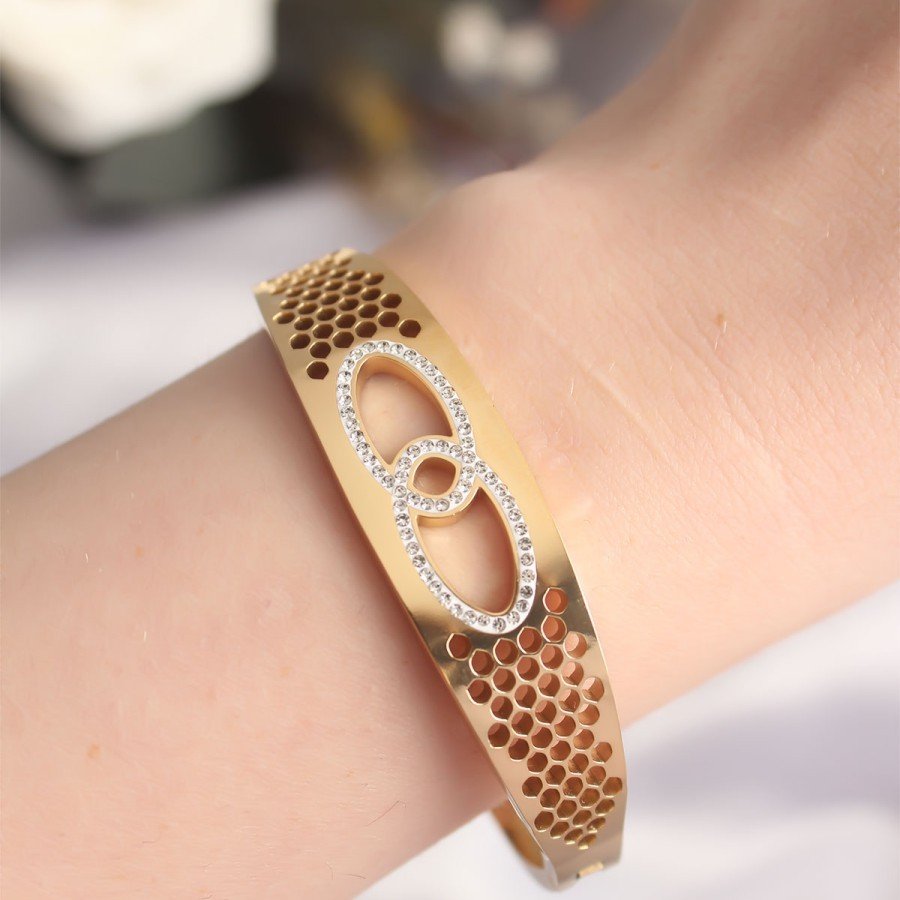 316L Steel Gold Color Zircon Stone Women s Handcuff Bracelet